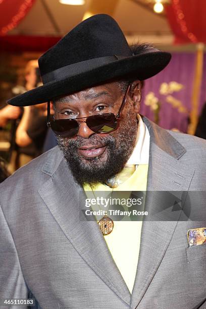 Recording artist George Clinton wearing Polaroid sunglasses with the Solstice Sunglasses and Safilo USA display at the GRAMMY Gift Lounge during the...