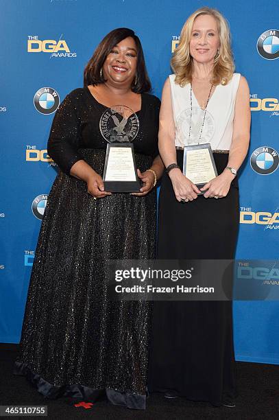 Producers Shonda Rhimes and Betsy Beers, recipients of the Diversity Award, pose in the press room during the 66th Annual Directors Guild Of America...