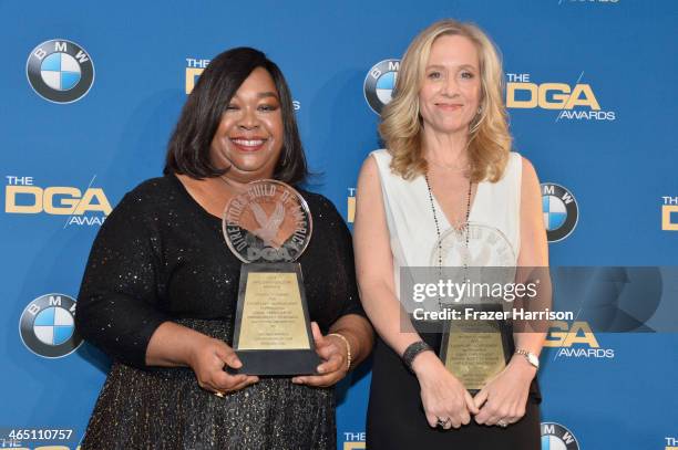 Producers Shonda Rhimes and Betsy Beers, recipients of the Diversity Award, pose in the press room during the 66th Annual Directors Guild Of America...