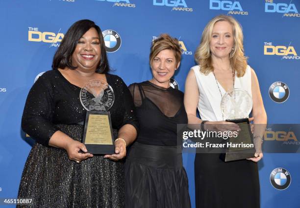 Producers Shonda Rhimes and Betsy Beers , recipients of the Diversity Award, poses with presenter Allison Liddi-Brown in the press room during the...