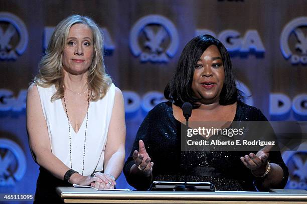 Producer Betsy Beers and writer/producer Shonda Rhimes accept the Diversity Award onstage at the 66th Annual Directors Guild Of America Awards held...