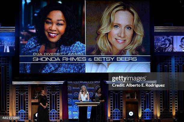 Producer Betsy Beers and writer/producer Shonda Rhimes accept the Diversity Award from director Allison Liddi-Brown onstage at the 66th Annual...