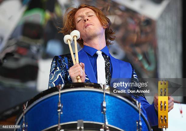 Jeremy Gara of Arcade Fire performs live for fans during the 2014 Big Day Out Festival on January 26, 2014 in Sydney, Australia.