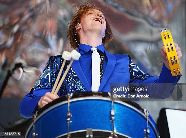 Jeremy Gara of Arcade Fire performs live for fans during the 2014 Big Day Out Festival on January 26, 2014 in Sydney, Australia.