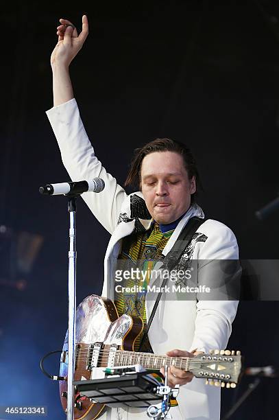 Win Butler of Arcade Fire performs live for fans at the 2014 Big Day Out Festival on January 26, 2014 in Sydney, Australia.