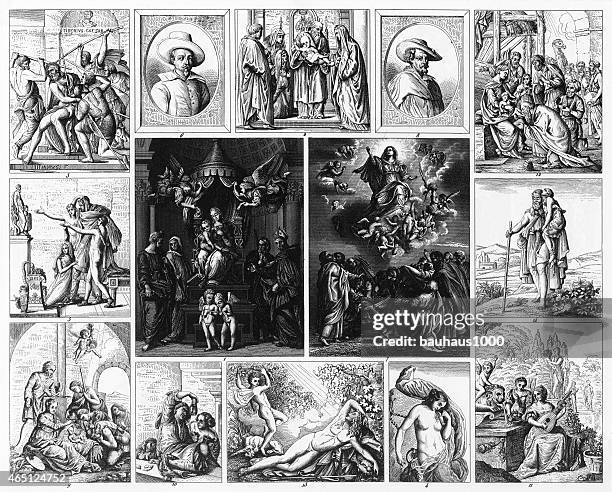 baroque and mannerist painting engraving - tiziano vecellio stock illustrations