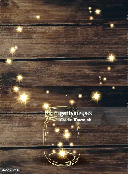 feiern sie den rustikalen einladung design-vorlage mit funken und einmachglas - glühwürmchen stock-grafiken, -clipart, -cartoons und -symbole
