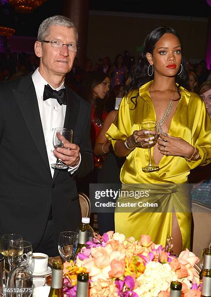 Apple CEO Tim Cook and singer Rihanna attend the 56th annual GRAMMY Awards Pre-GRAMMY Gala and Salute to Industry Icons honoring Lucian Grainge at...