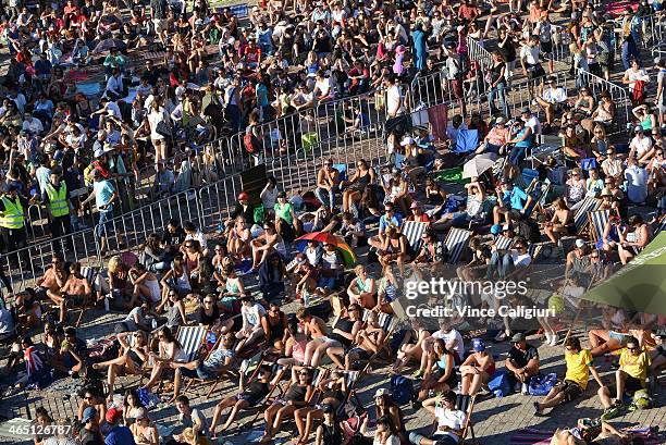 Large crowd watching the big screen at Federation Square ahead of the men's final match between Rafael Nadal of Spain and Stanislas Wawrinka of...