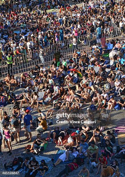 Large crowd watching the big screen at Federation Square ahead of the men's final match between Rafael Nadal of Spain and Stanislas Wawrinka of...