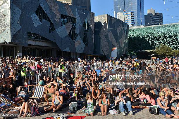 Large crowd watching the big screen at Federation Square ahead of the men's final match between Rafael Nadal of Spain and Stanislas Wawrinka of...