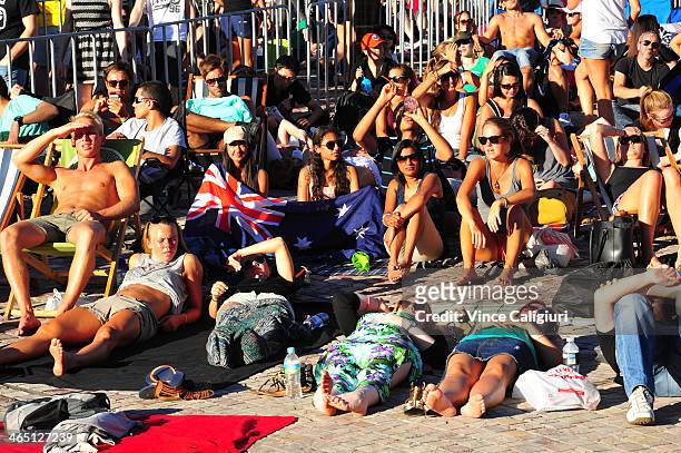 Large crowd watching the big screen at Federation Square ahead of the men's final match between Rafael Nadal of Spain and Stanislas Wawrinka of...