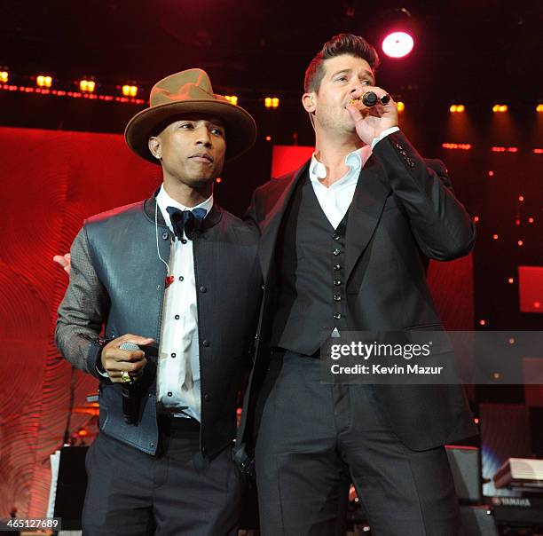 Pharrell Williams and Robin Thicke perform onstage during the 56th annual GRAMMY Awards Pre-GRAMMY Gala and Salute to Industry Icons honoring Lucian...