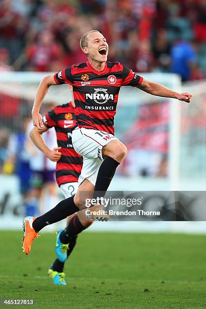 Aaron Mooy of the Wanderers celebrates after scoring a goal from a free kick during the round 16 A-League match between the Western Sydney Wanderers...