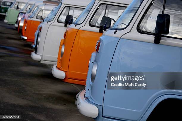 Some of the last of the Brazilian-built Volkswagen Type 2 Kombi vans that have been converted into campervans are seen at Danbury Motorcaravans...