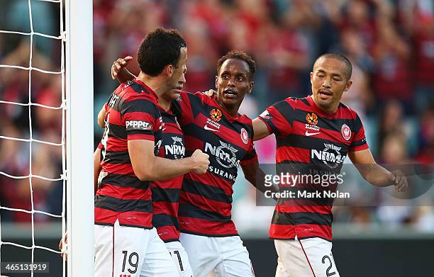 Mark Bridge, Brendon Santalab, Youssouf Hersi and Shinji Ono of the Wanderers celebrate a goal during the round 16 A-League match between the Western...