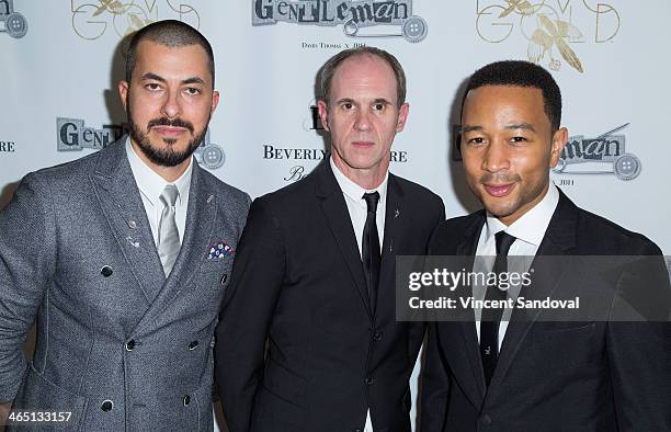 Jason Arasheben, David Thomas and singer John Legend attend Jason Of Beverly Hills' Pre-GRAMMY cocktail hour and salute to fashion icon David Thomas'...