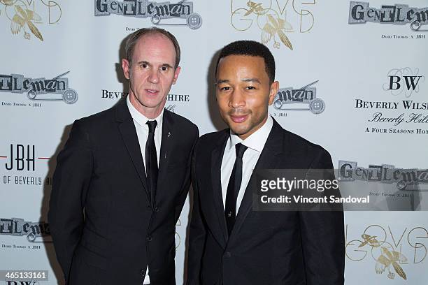 David Thomas and singer John Legend attend Jason Of Beverly Hills' Pre-GRAMMY cocktail hour and salute to fashion icon David Thomas' Gentleman...