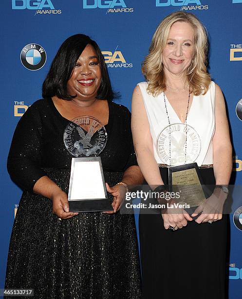 Shonda Rhimes and Betsy Beers pose in the press room at the 66th annual Directors Guild of America Awards at the Hyatt Regency Century Plaza on...