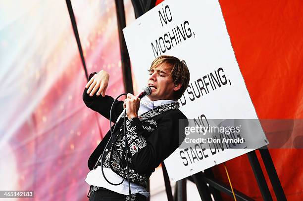 Pelle Almqvist of The Hives performs live for fans during the 2014 Big Day Out Festival on January 26, 2014 in Sydney, Australia.