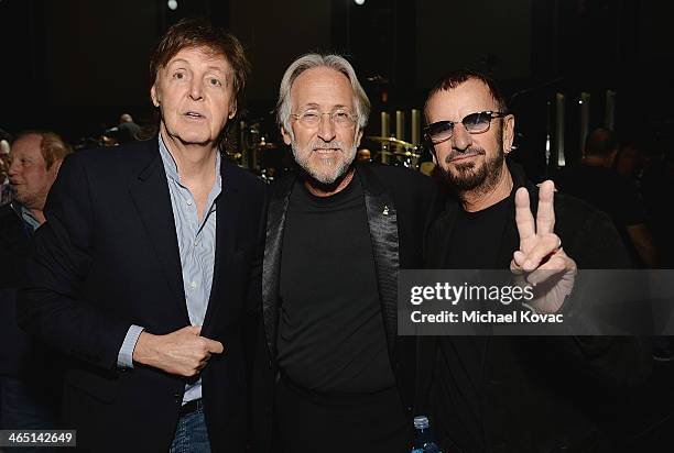 Musician Paul McCartney, Recording Academy President/CEO Neil Portnow, and musician Ringo Starr attend rehearsals for the 56th GRAMMY Awards on...