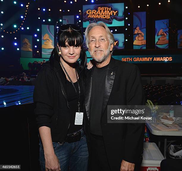 Actress Pauley Perrette and Recording Academy President/CEO Neil Portnow attend rehearsals for the 56th GRAMMY Awards on January 25, 2014 in Los...