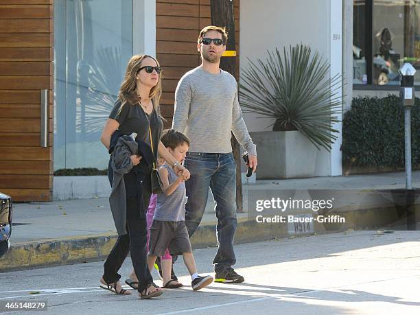 Tobey Maguire and Jennifer Meyer with their children Ruby Maguire and Otis Maguire are seen on January 25, 2014 in Los Angeles, California.