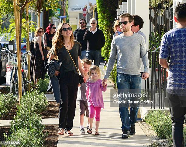 Tobey Maguire and Jennifer Meyer with their children Ruby Maguire and Otis Maguire are seen on January 25, 2014 in Los Angeles, California.