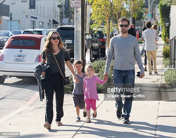 Tobey Maguire and Jennifer Meyer with their children Ruby Maguire and Otis Maguire are seen on January 25, 2014 in Los Angeles, California.