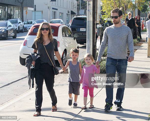 Tobey Maguire and Jennifer Meyer with their children Ruby Maguire and Otis Maguire are seen on January 25, 2014 in Los Angeles, California.