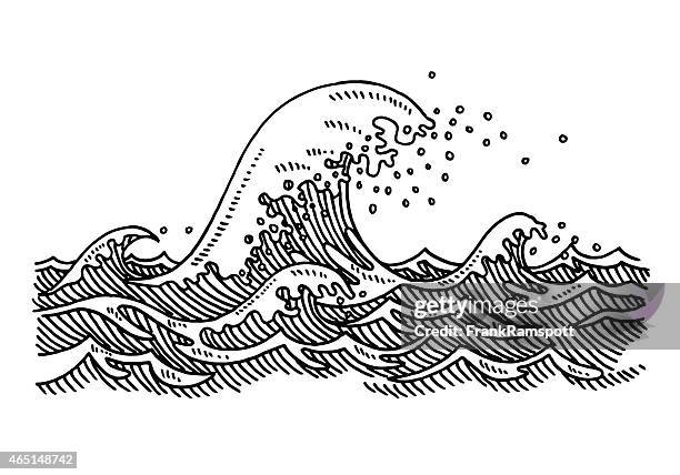 big wave sea drawing - black and white wave stock illustrations