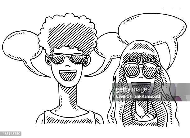 ilustrações, clipart, desenhos animados e ícones de menino e uma menina óculos de sol discurso bolhas de desenho - smiley faces