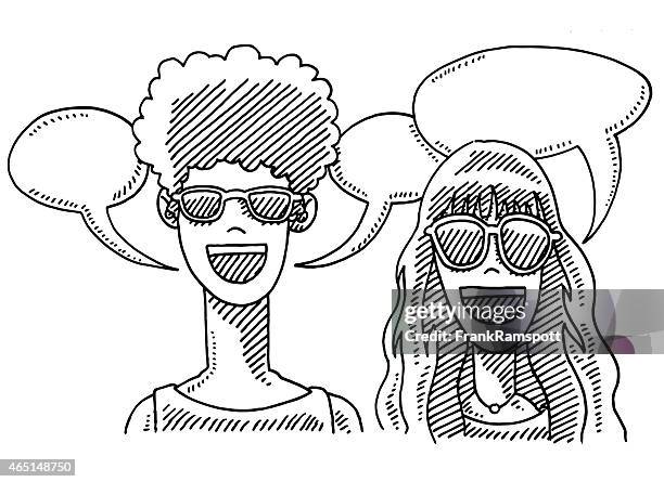 boy and girl sunglasses speech bubbles drawing - black and white people stock illustrations