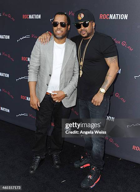 Producers NO I.D. And The-Dream arrive at the Roc Nation Pre-Grammy brunch presented by MAC Viva Glam at a private residency on January 25, 2014 in...
