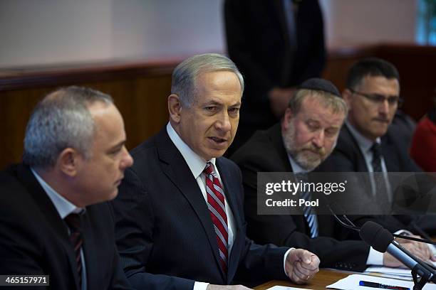 Israel's Prime Minister Benjamin Netanyahu attends the weekly cabinet meeting on January 26, 2014 in Jerusalem, Israel. Netanyahu is back from...