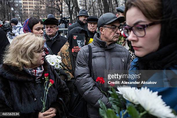 People wait in line before a farewell ceremony for Russian opposition leader Boris Nemtsov on March 3, 2015 in Moscow, Russia. Nemtsov was murdered...