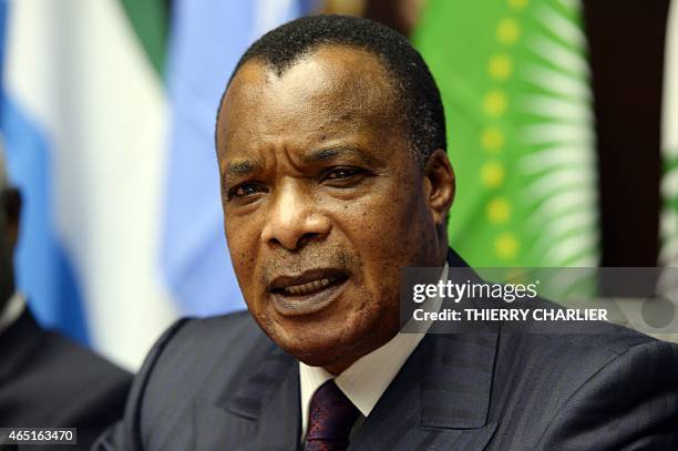 Congolese President Denis Sassou Nguesso attends a press conference on March 3, 2015 following a conference on Ebola held at the Egmont palace in...