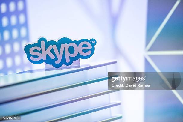 Skype logo is seen at the Microsoft pavilion during the second day of the Mobile World Congress 2015 at the Fira Gran Via complex on March 3, 2015 in...