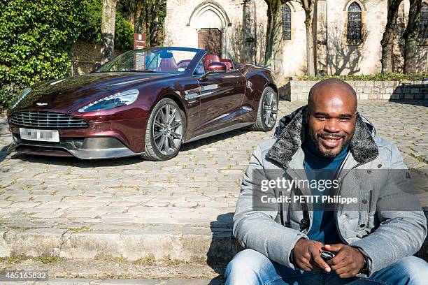 French boxer Jean-Marc Mormeck to test the Aston Martin Vanquish flying on February 05, 2015 in Gif-Sur-Yvette, France.