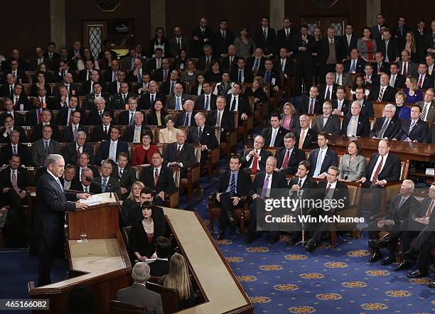 Israeli Prime Minister Benjamin Netanyahu speaks about Iran during a joint meeting of the United States Congress in the House chamber at the U.S....