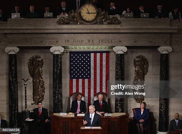 Israeli Prime Minister Benjamin Netanyahu speaks about Iran during a joint meeting of the United States Congress in the House chamber at the U.S....