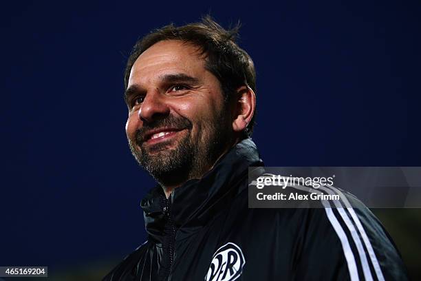Head coach Stefan Ruthenbeck of Aalen looks on prior to the DFB Cup Round of 16 match between VfR Aalen and 1899 Hoffenheim at Scholz Arena on March...