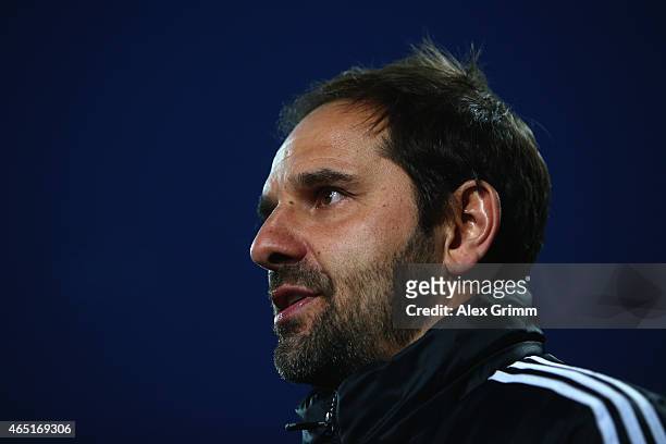 Head coach Stefan Ruthenbeck of Aalen looks on prior to the DFB Cup Round of 16 match between VfR Aalen and 1899 Hoffenheim at Scholz Arena on March...