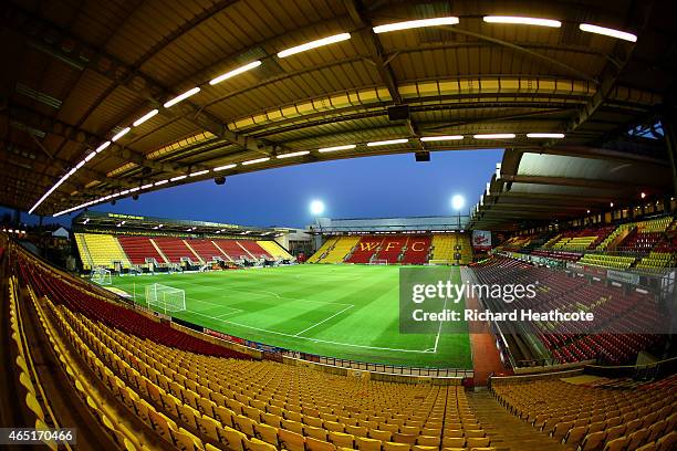 General view of the stadium before the Sky Bet Championship match between Watford and Fulham at Vicarage Road on March 3, 2015 in Watford, England.