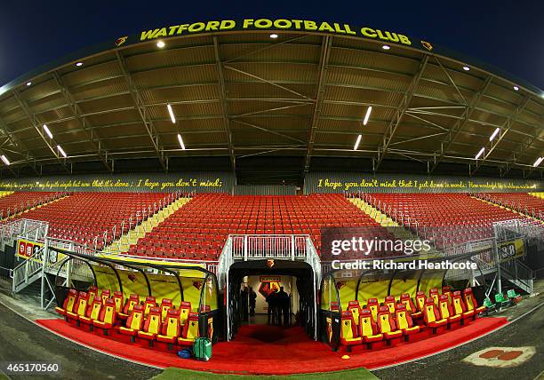 General view of the dugouts before the Sky Bet Championship match between Watford and Fulham at Vicarage Road on March 3, 2015 in Watford, England.