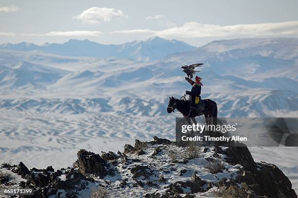 golden eagle hunter on mountain peak - independent mongolia stock-fotos und bilder