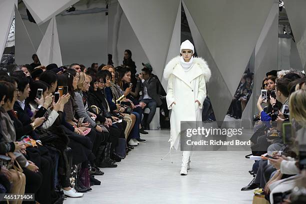 Model walks the runway during the Pascal Millet show as part of the Paris Fashion Week Womenswear Fall/Winter 2015/2016 at Espace Commines on March...