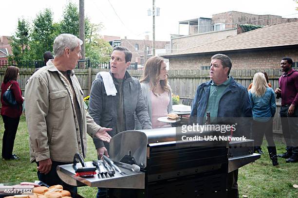 Charbroiled" Episode 209 -- Pictured: Lenny Clarke as Johnny's Dad, Michael Mosley as Johnny Farrell, Jessica McNamee as Theresa Kelly, John Scurti...