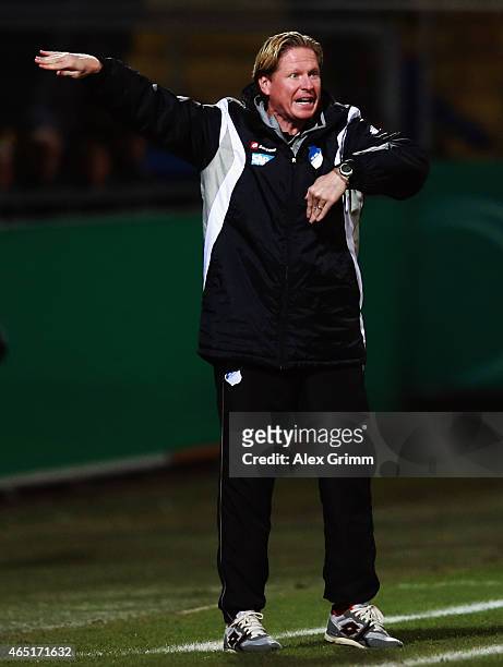 Head coach Markus Gisdol of Hoffenheim reacts during the DFB Cup Round of 16 match between VfR Aalen and 1899 Hoffenheim at Scholz Arena on March 3,...