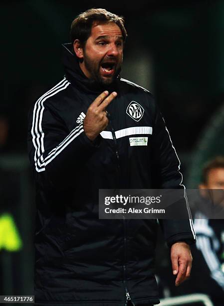 Head coach Stefan Ruthenbeck of Aalen reacts during the DFB Cup Round of 16 match between VfR Aalen and 1899 Hoffenheim at Scholz Arena on March 3,...